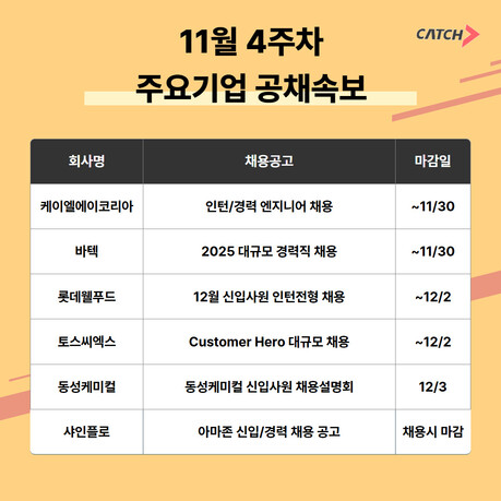 KLA·바텍·롯데웰푸드·동성케미컬·토스씨엑스·샤인플로 등 대기업·테크 기업 인턴·신입 공채 진행