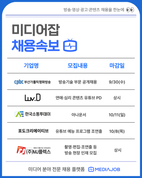 방송기술·유튜브PD·아나운서 채용 잇따라…신입 지원 가능한 곳은?