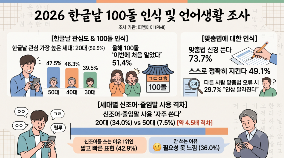 한글날 관심 가장 높은 세대는 20대…신조어·줄임말도 50대의 4.5배